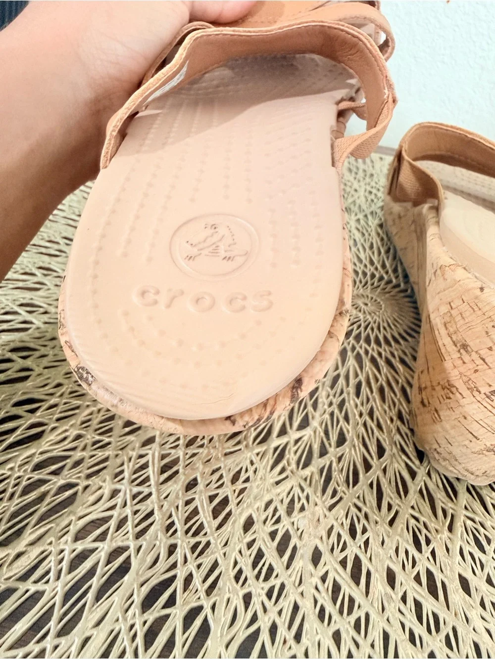Crocs A- Leigh Tan Leather Wedge Slide Sandals Women Size 8 Cork Detail Comfort